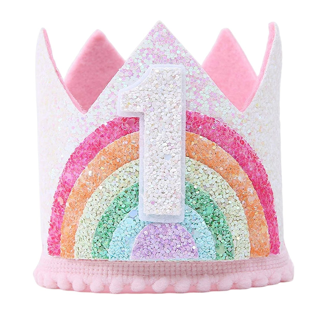 Shining Sequins Pink Series Elastic Band Number Hat Baby Felt Rainbow Theme Birthday Party Crown Hat Image 1