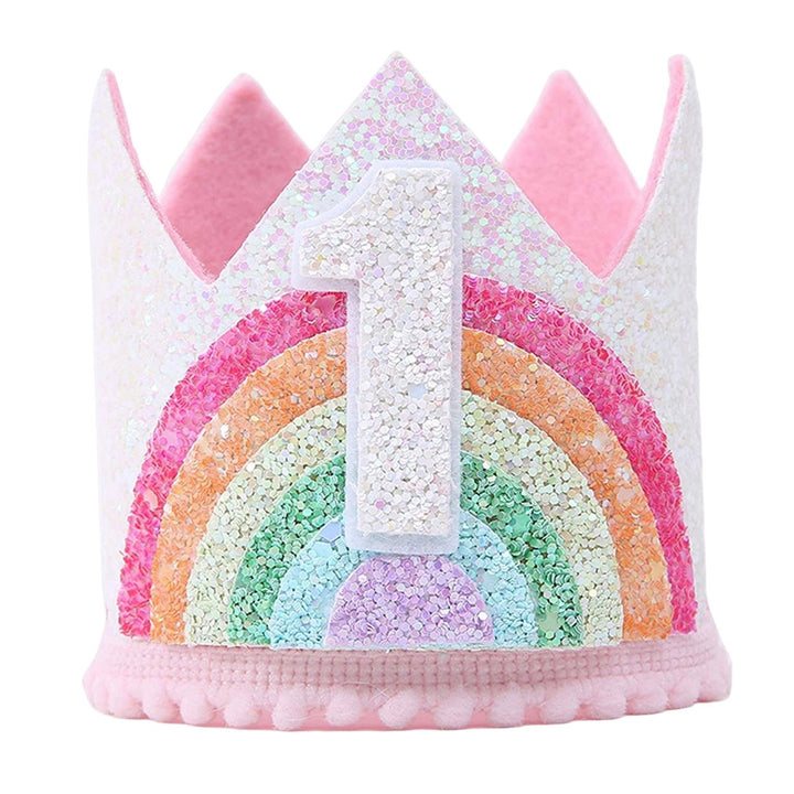 Shining Sequins Pink Series Elastic Band Number Hat Baby Felt Rainbow Theme Birthday Party Crown Hat Image 1