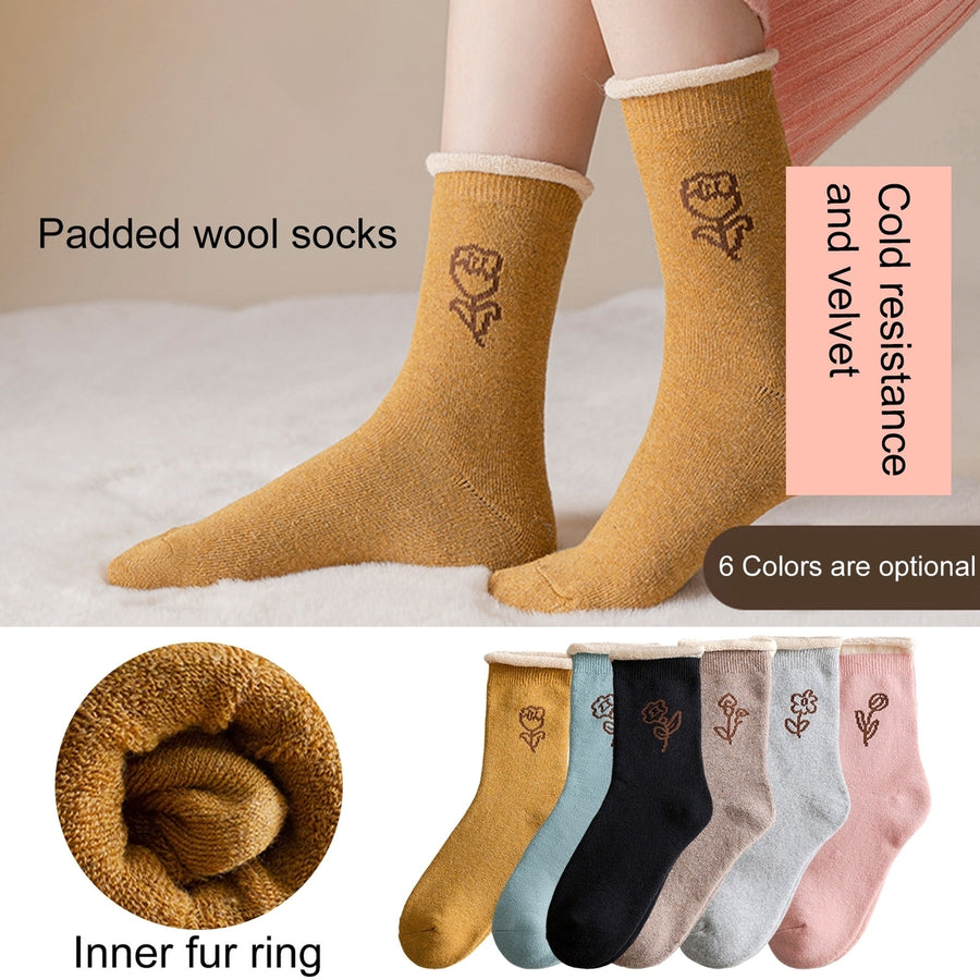 1 Pair Mid-Tube Ribbed Cuffs High Elasticity Women Socks Winter Floral Print Thickened Fleece Lining Thermal Socks Image 1