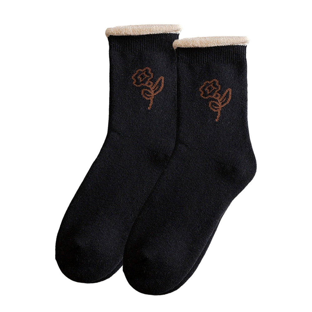 1 Pair Mid-Tube Ribbed Cuffs High Elasticity Women Socks Winter Floral Print Thickened Fleece Lining Thermal Socks Image 2