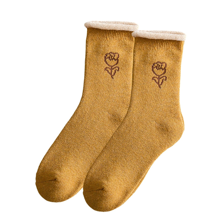 1 Pair Mid-Tube Ribbed Cuffs High Elasticity Women Socks Winter Floral Print Thickened Fleece Lining Thermal Socks Image 3