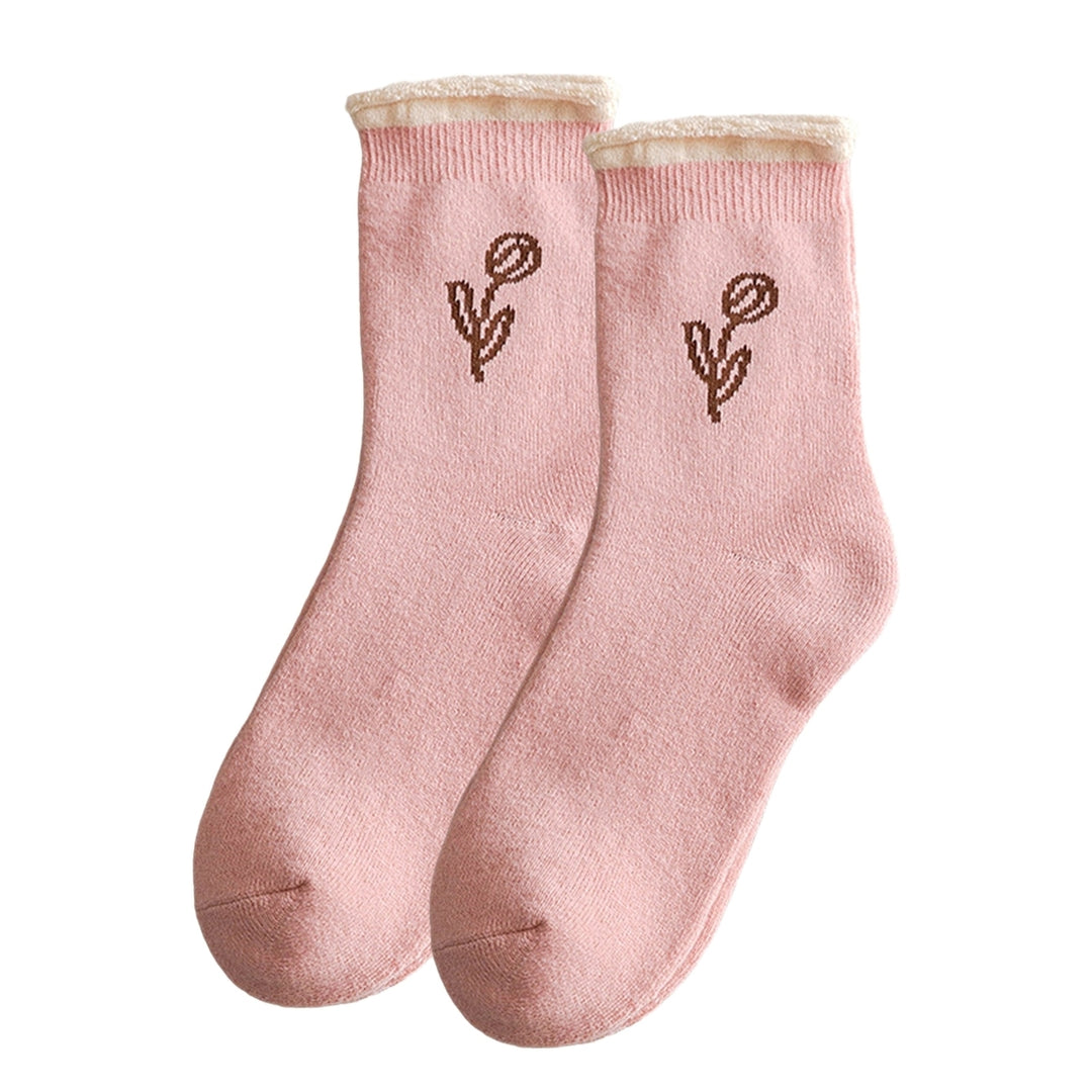 1 Pair Mid-Tube Ribbed Cuffs High Elasticity Women Socks Winter Floral Print Thickened Fleece Lining Thermal Socks Image 4