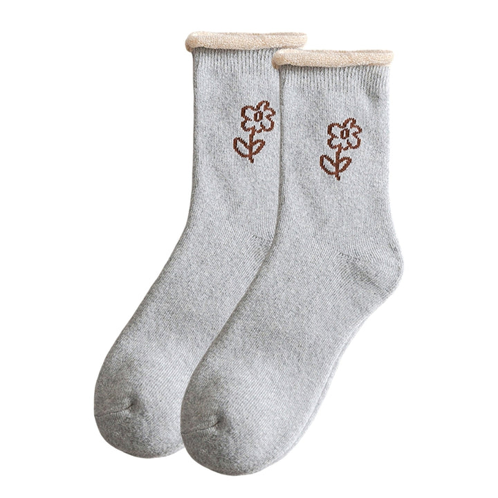1 Pair Mid-Tube Ribbed Cuffs High Elasticity Women Socks Winter Floral Print Thickened Fleece Lining Thermal Socks Image 6