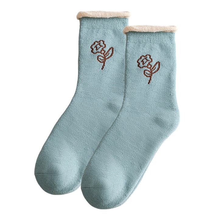 1 Pair Mid-Tube Ribbed Cuffs High Elasticity Women Socks Winter Floral Print Thickened Fleece Lining Thermal Socks Image 7
