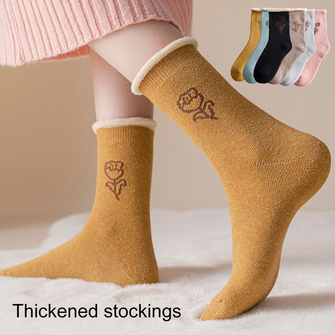 1 Pair Mid-Tube Ribbed Cuffs High Elasticity Women Socks Winter Floral Print Thickened Fleece Lining Thermal Socks Image 9