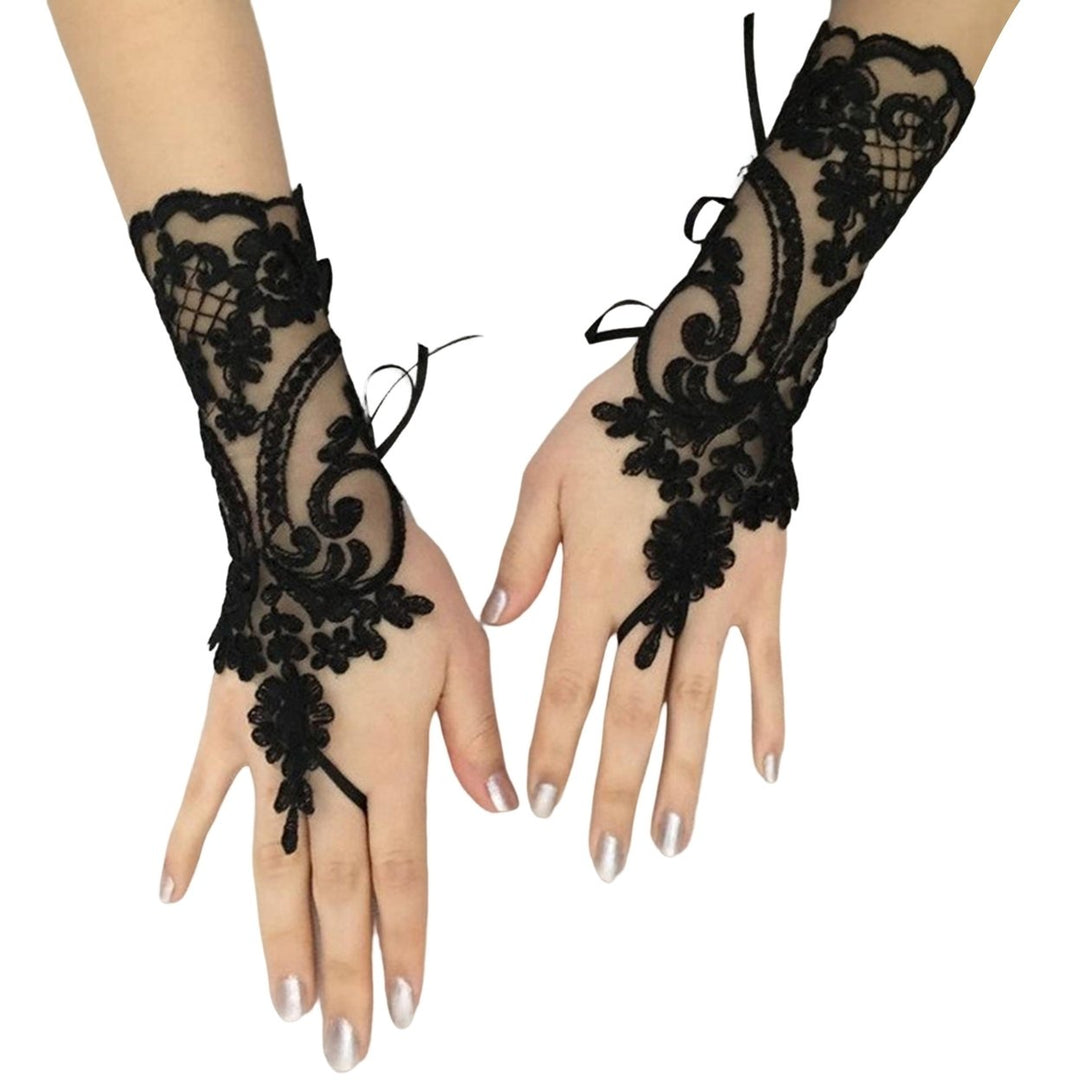 1 Pair Fingerless Wrist Length Lace-up Bridal Gloves See-through Lace Hollow Wedding Gloves Bridal Accessories Image 1