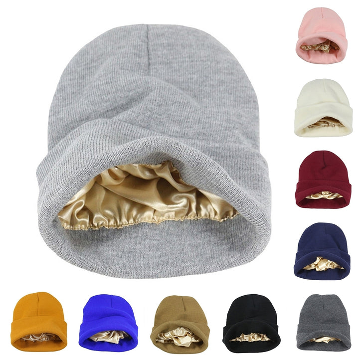 Autumn Winter Women Thermal Hat Solid Color Satin Lined No Brim Stretch Coldproof Knitting Beanie Hat Streetwear Image 1