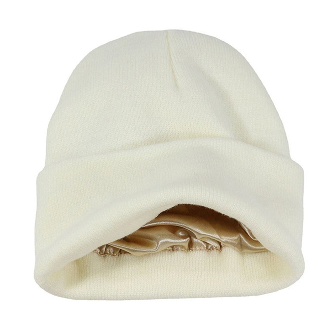 Autumn Winter Women Thermal Hat Solid Color Satin Lined No Brim Stretch Coldproof Knitting Beanie Hat Streetwear Image 7