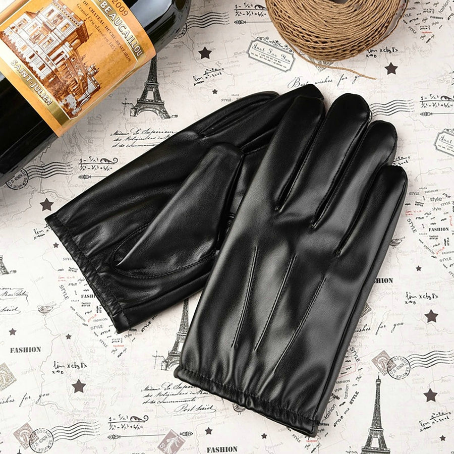 1 Pair Men Gloves Solid Color Full Finger Thickened Plush Lining Touch Screen Faux Leather Coldproof Riding Driving Image 1