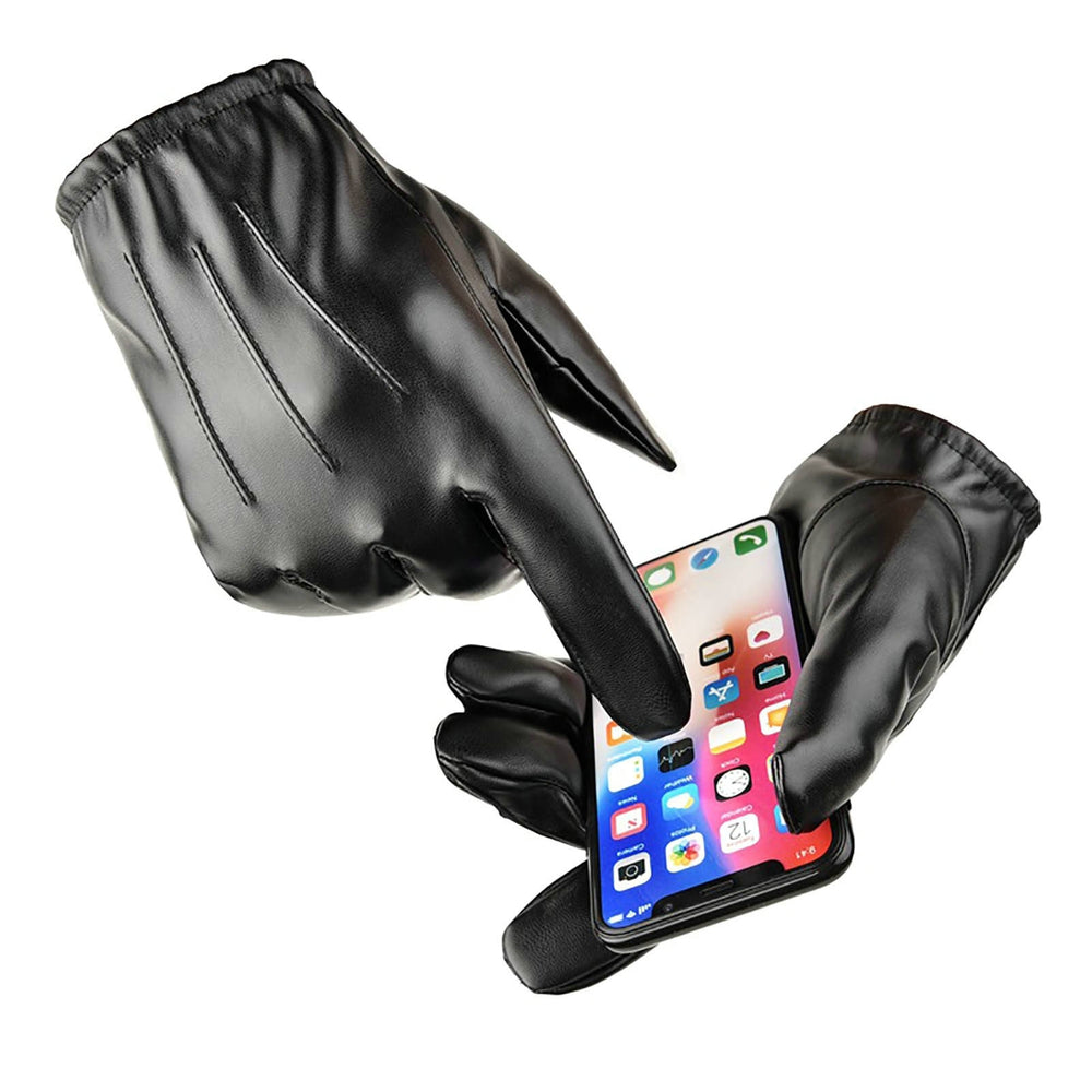 1 Pair Men Gloves Solid Color Full Finger Thickened Plush Lining Touch Screen Faux Leather Coldproof Riding Driving Image 2