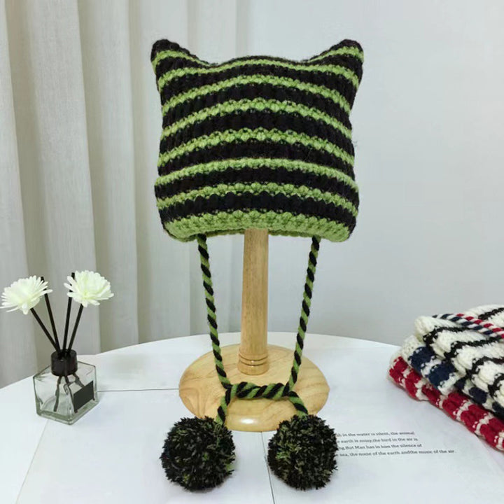 Women Winter Hat Knitted Striped Contrast Color Plush Ball Cat Ears Keep Warm String Soft Headwear Lady Beanie Skiing Image 7