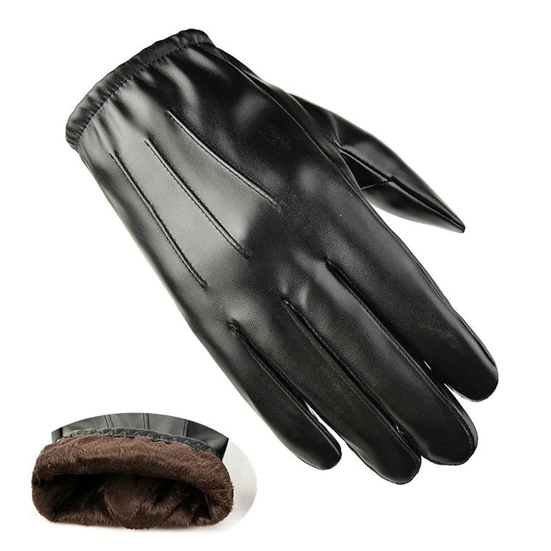 1 Pair Men Gloves Solid Color Full Finger Thickened Plush Lining Touch Screen Faux Leather Coldproof Riding Driving Image 9