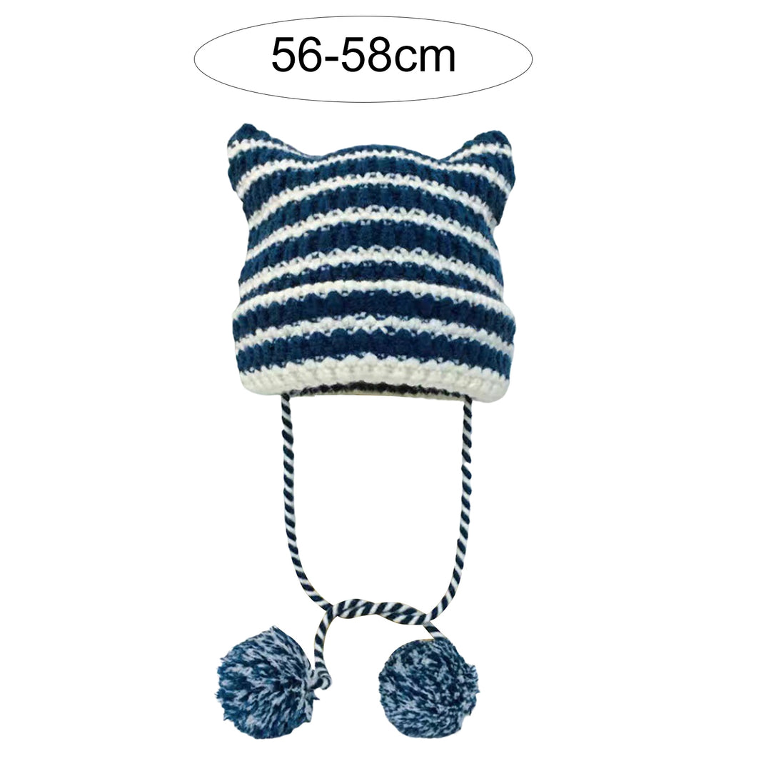 Women Winter Hat Knitted Striped Contrast Color Plush Ball Cat Ears Keep Warm String Soft Headwear Lady Beanie Skiing Image 9