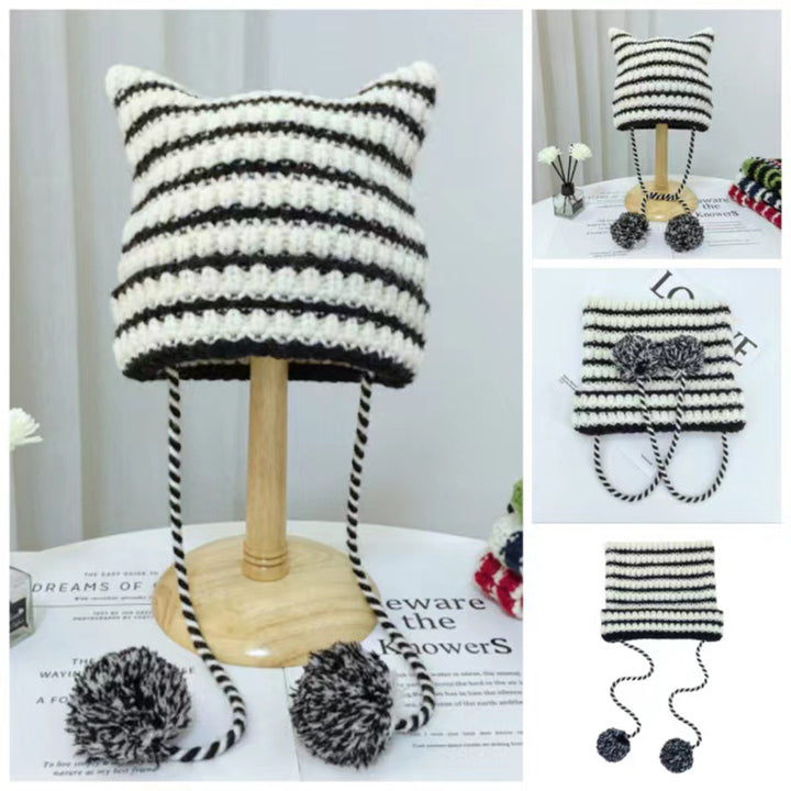 Women Winter Hat Knitted Striped Contrast Color Plush Ball Cat Ears Keep Warm String Soft Headwear Lady Beanie Skiing Image 10