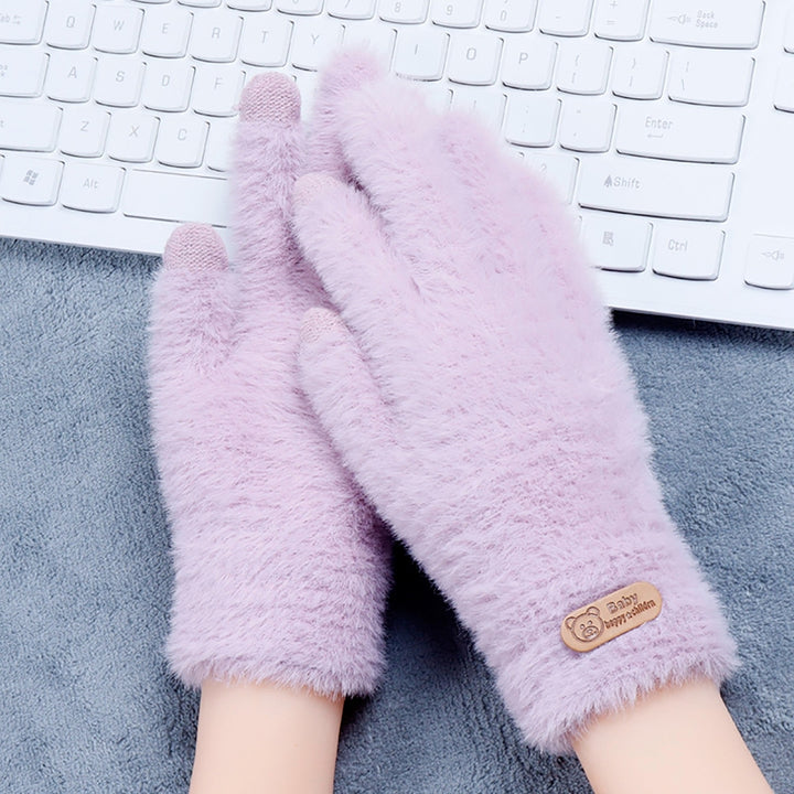 1 Pair Women Winter Gloves Cozy Solid Color Full Finger Plush Elastic Keep Warm Furry Thicken Lady Gloves Winter Daily Image 12