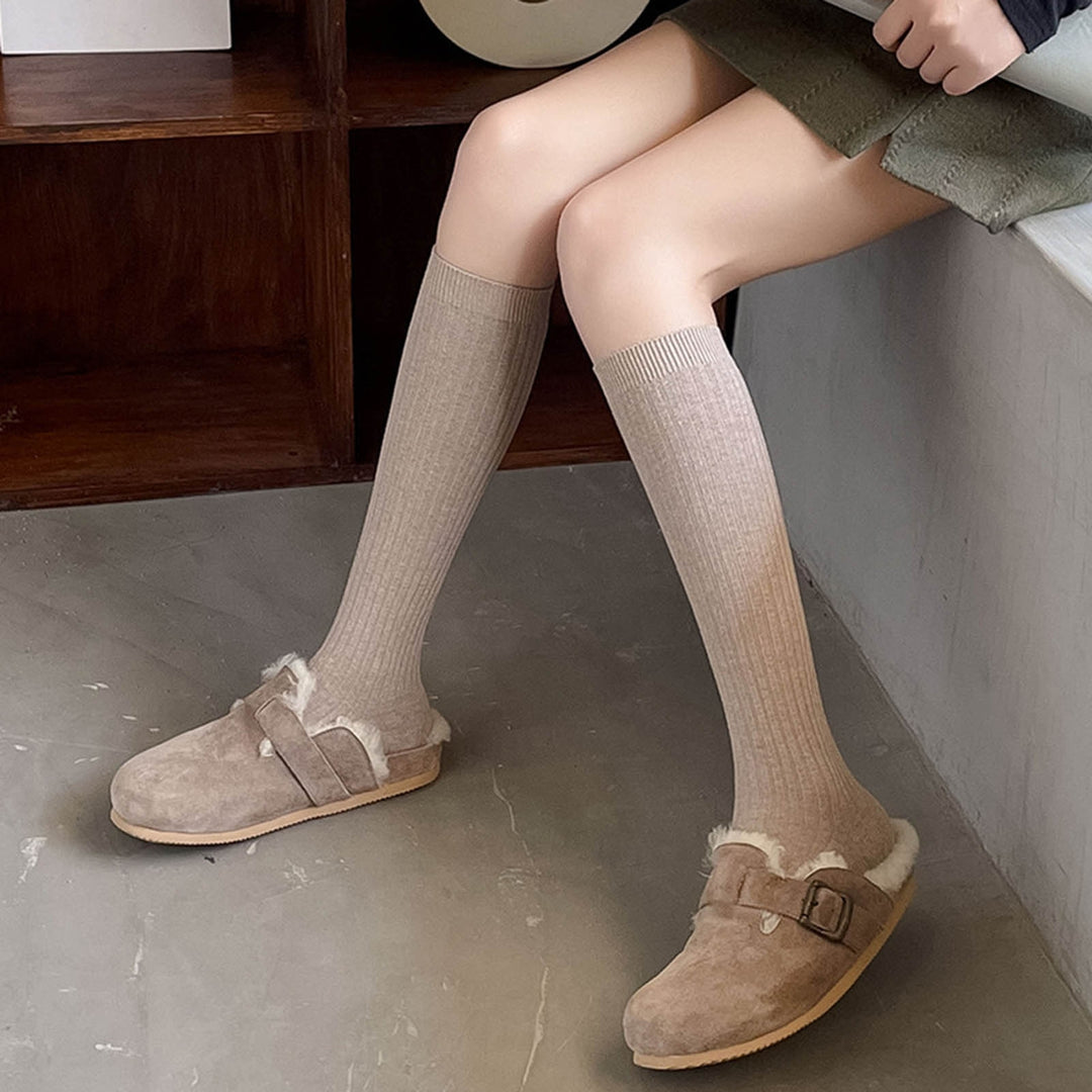 1 Pair Japanese Style Ribbed Elastic Knee Socks Girls Autumn Winter Solid Knitting Tube Socks Image 8