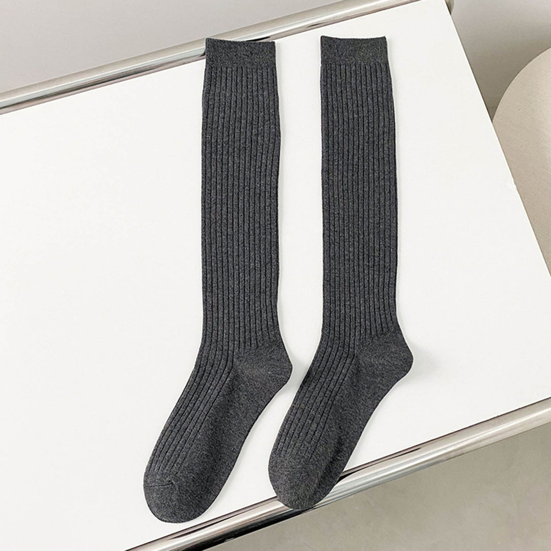 1 Pair Japanese Style Ribbed Elastic Knee Socks Girls Autumn Winter Solid Knitting Tube Socks Image 9