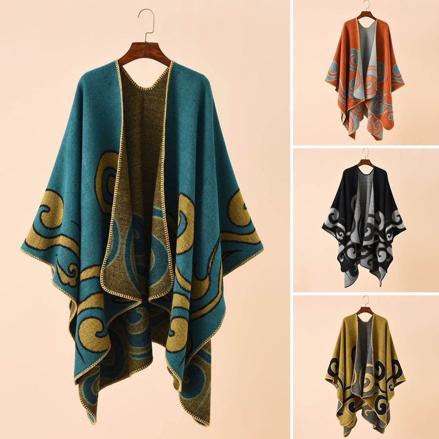 Women Autumn Cape Knitting Cardigan Printing Loose Irregular Hem Warm Soft Print Bohemian Women Autumn Cloak Women Image 1