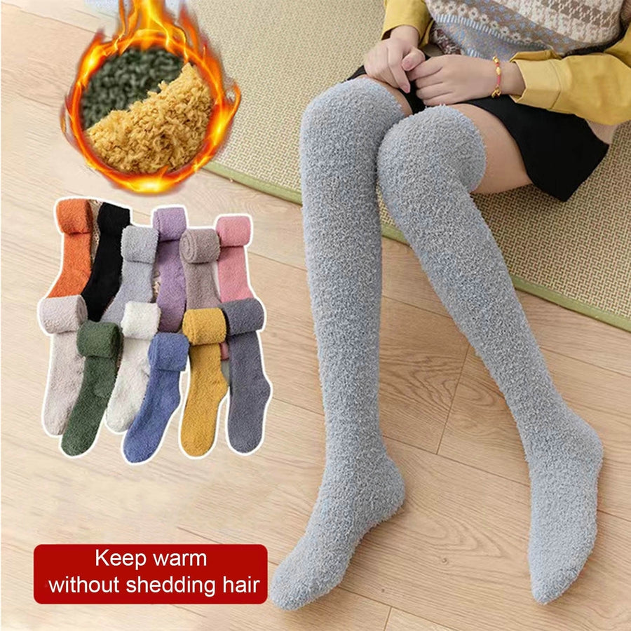 1 Pair Japanese Style Thickened Coral Fleece Solid Color Thigh Stockings Autumn Winter Women Warm Over Knee Socks Image 1