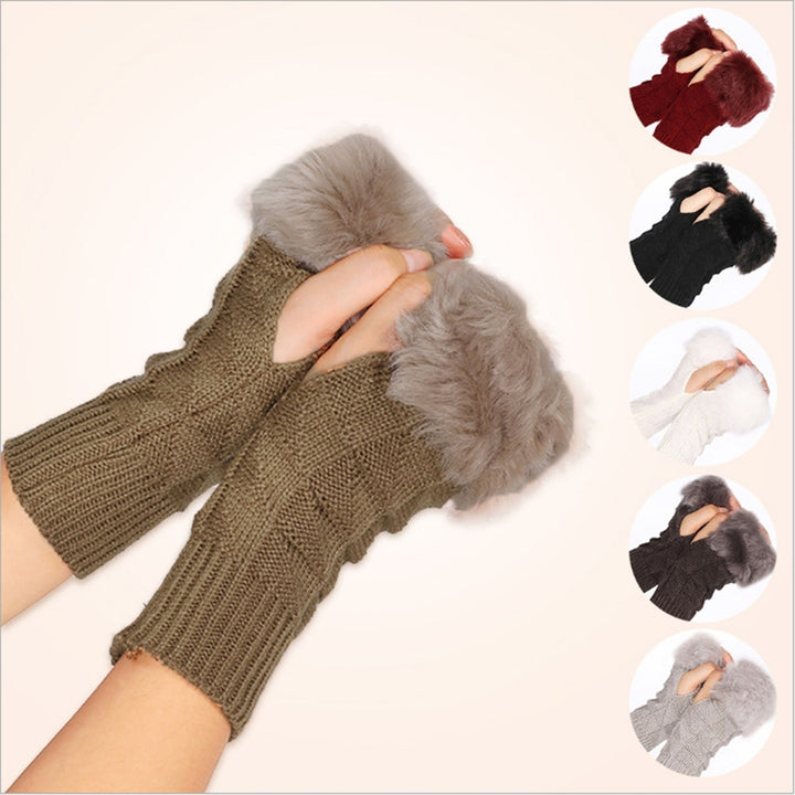 1 Pair Knitted Gloves Fingerless Plush Splicing Elastic Comfortable Anti-fade Daily Wear Safe Half-finger Computer Image 1