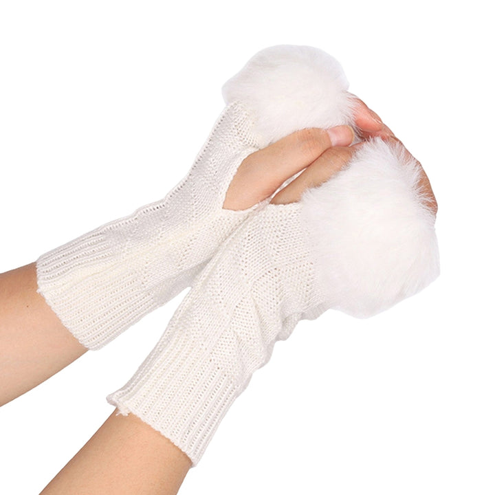1 Pair Knitted Gloves Fingerless Plush Splicing Elastic Comfortable Anti-fade Daily Wear Safe Half-finger Computer Image 2