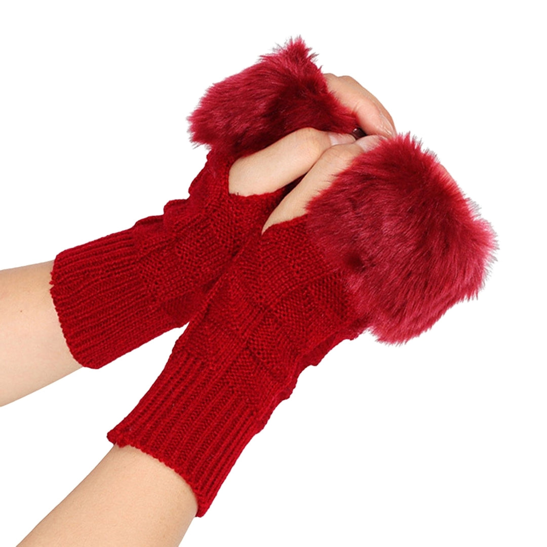 1 Pair Knitted Gloves Fingerless Plush Splicing Elastic Comfortable Anti-fade Daily Wear Safe Half-finger Computer Image 3