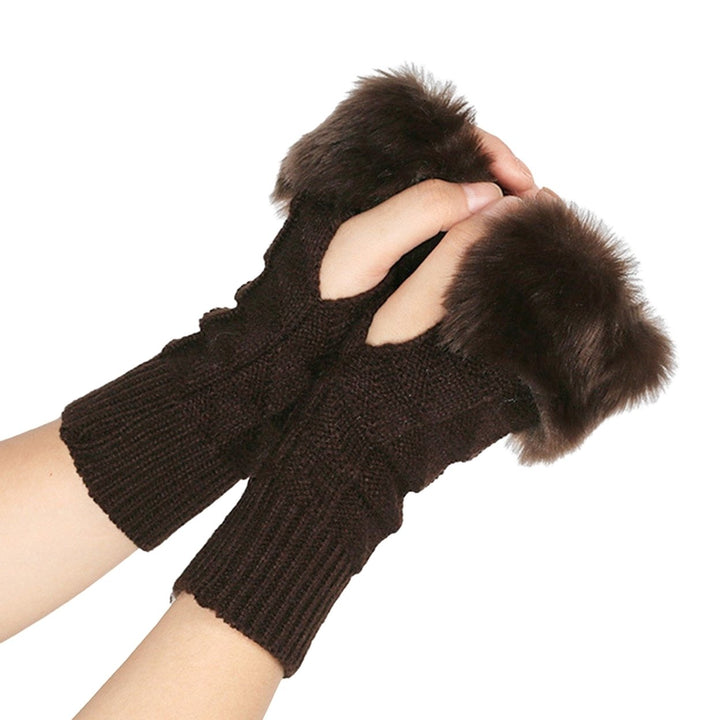 1 Pair Knitted Gloves Fingerless Plush Splicing Elastic Comfortable Anti-fade Daily Wear Safe Half-finger Computer Image 1