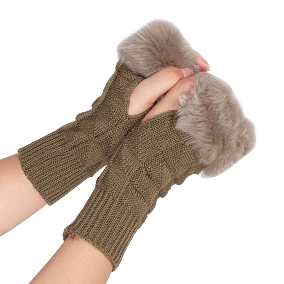 1 Pair Knitted Gloves Fingerless Plush Splicing Elastic Comfortable Anti-fade Daily Wear Safe Half-finger Computer Image 1