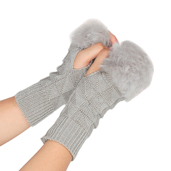 1 Pair Knitted Gloves Fingerless Plush Splicing Elastic Comfortable Anti-fade Daily Wear Safe Half-finger Computer Image 6