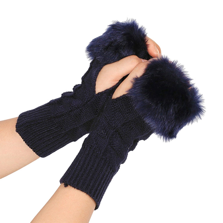 1 Pair Knitted Gloves Fingerless Plush Splicing Elastic Comfortable Anti-fade Daily Wear Safe Half-finger Computer Image 7