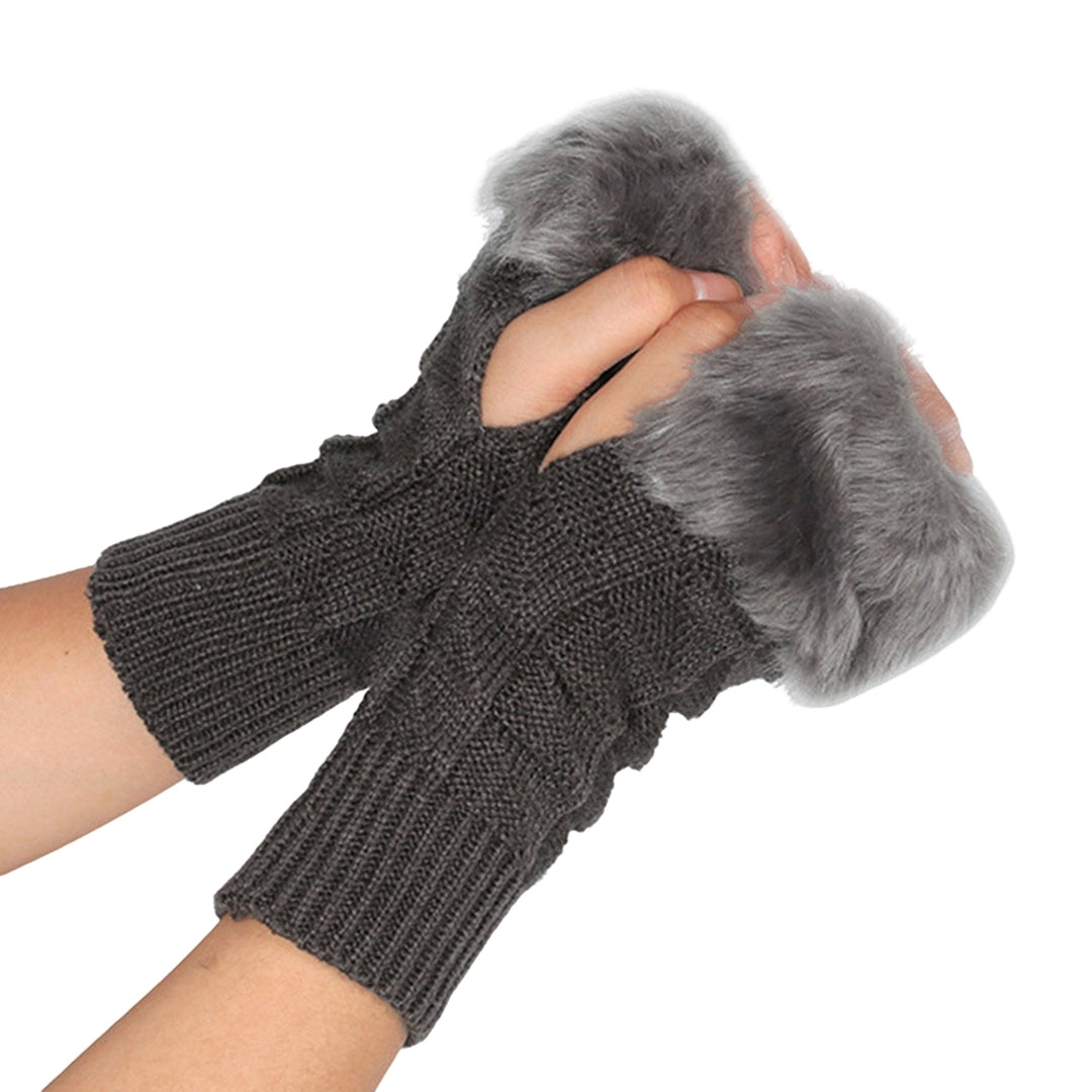 1 Pair Knitted Gloves Fingerless Plush Splicing Elastic Comfortable Anti-fade Daily Wear Safe Half-finger Computer Image 1