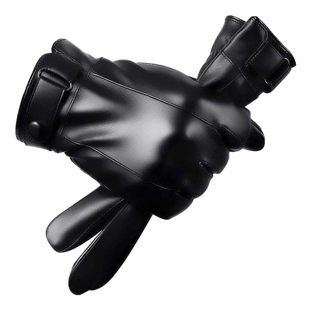 1 Pair Fleece Lining Buttons Cuffs Full Finger Men Gloves Winter Windproof Touch Screen Faux Leather Cycling Gloves Image 2