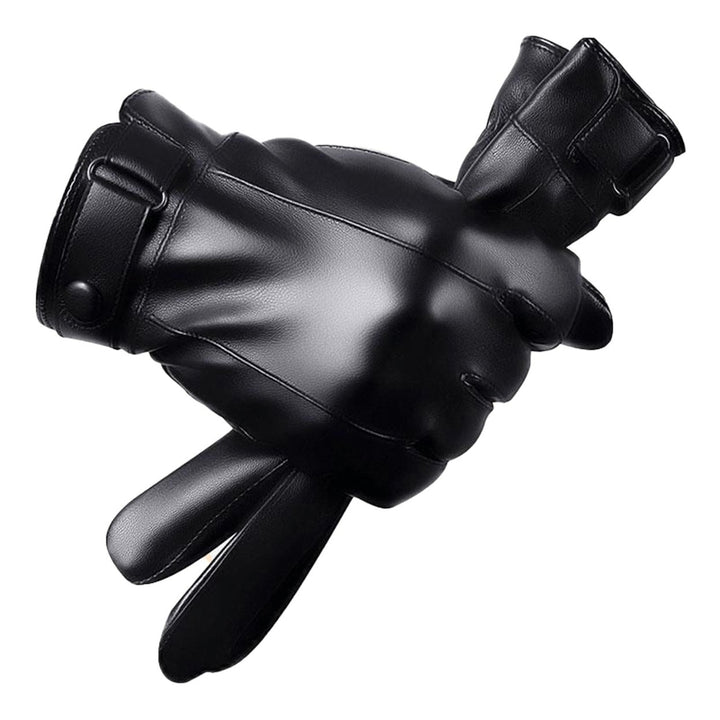 1 Pair Fleece Lining Buttons Cuffs Full Finger Men Gloves Winter Windproof Touch Screen Faux Leather Cycling Gloves Image 1