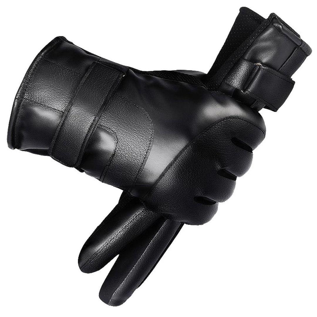 1 Pair Fleece Lining Buttons Cuffs Full Finger Men Gloves Winter Windproof Touch Screen Faux Leather Cycling Gloves Image 3