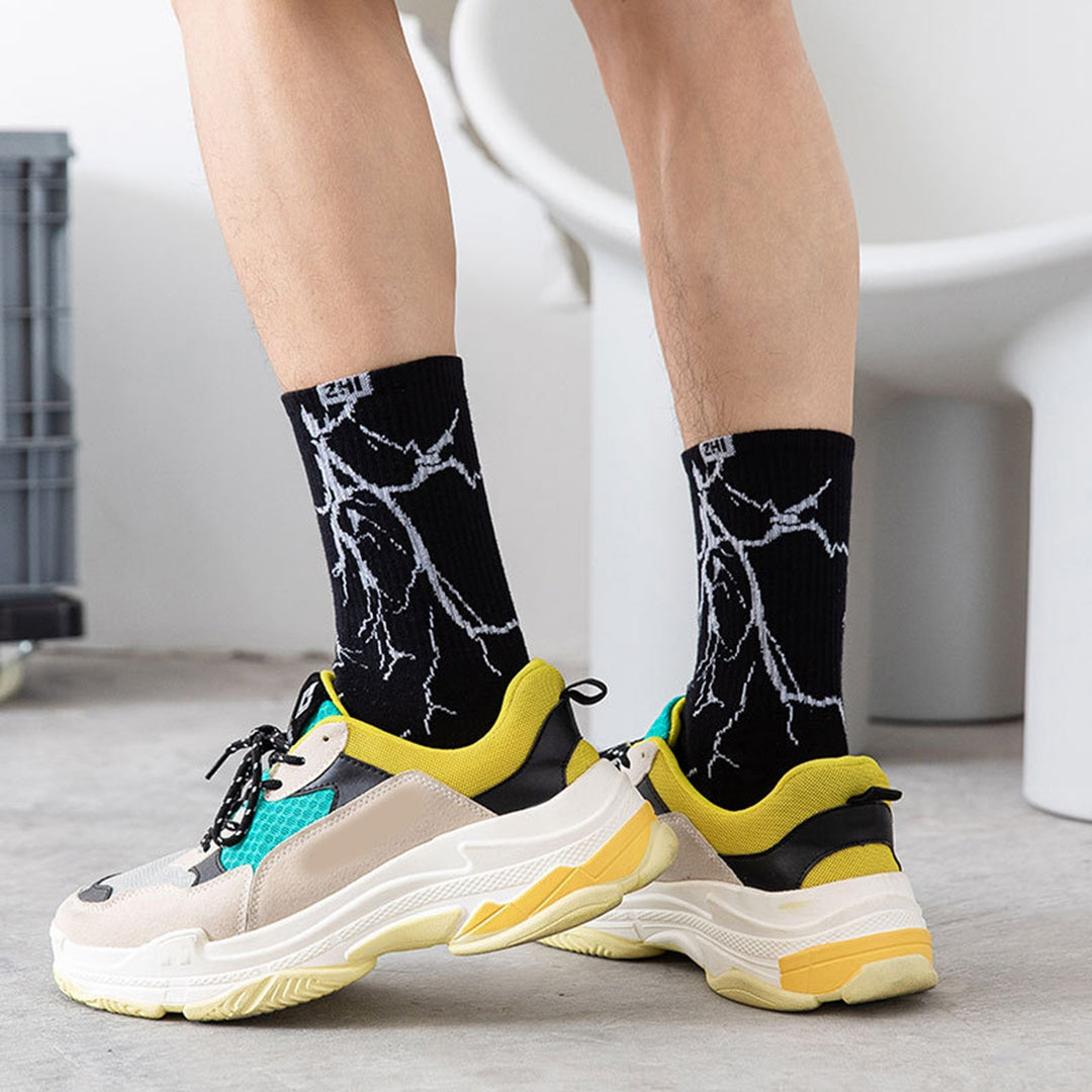 1 Pair Men Spring Fall Socks Comfortable Printing Middle Tube Flashing One Size Sweat Absorption Image 7