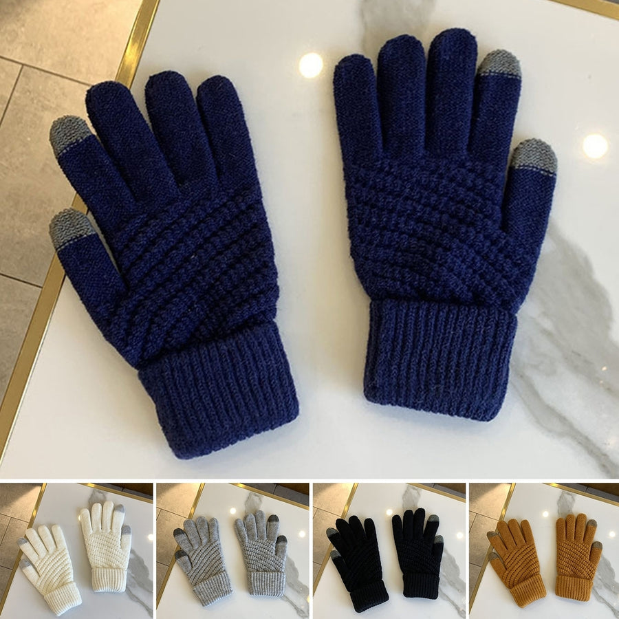 1 Pair Winter Couple Gloves Solid Color Knitting Touch Screen Full Finger Elastic Keep Warm Soft Washable Women Winter Image 1