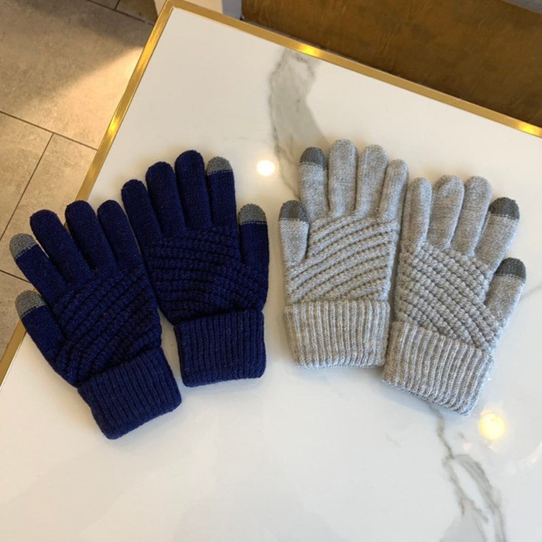 1 Pair Winter Couple Gloves Solid Color Knitting Touch Screen Full Finger Elastic Keep Warm Soft Washable Women Winter Image 7
