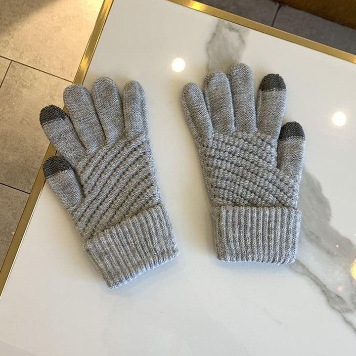 1 Pair Winter Couple Gloves Solid Color Knitting Touch Screen Full Finger Elastic Keep Warm Soft Washable Women Winter Image 12