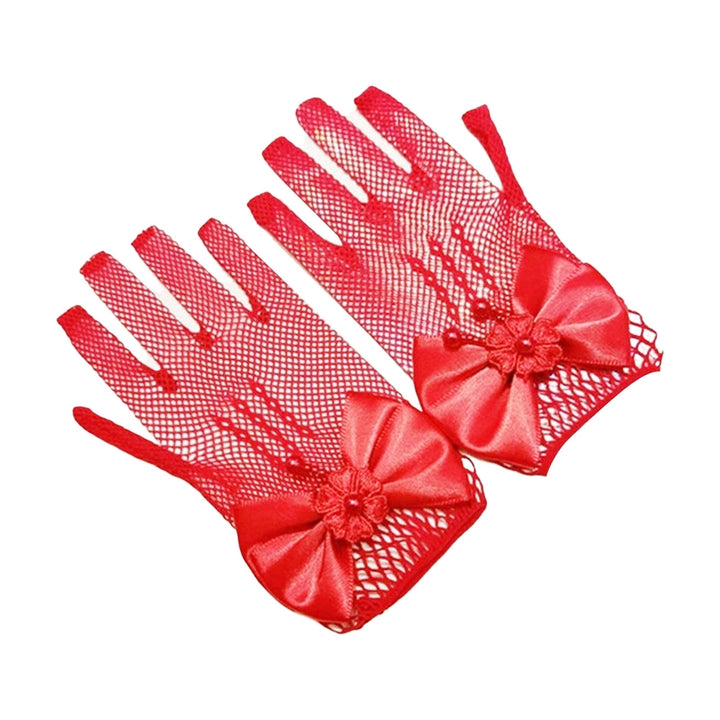 1 Pair Wedding Flower Girl Gloves Romantic See-through Hollow Out Big Bow-knot Fishnet Wedding Image 4