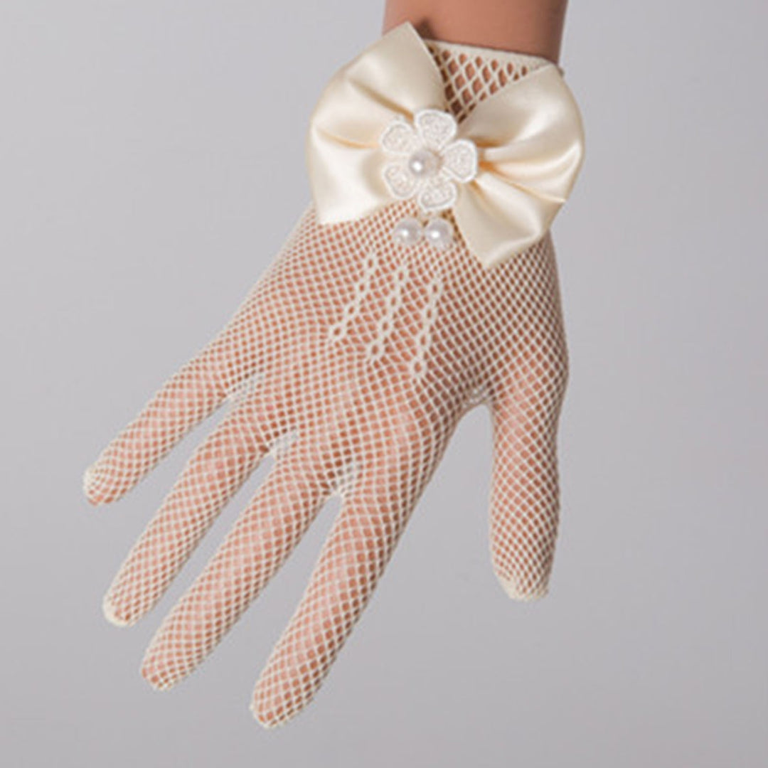 1 Pair Wedding Flower Girl Gloves Romantic See-through Hollow Out Big Bow-knot Fishnet Wedding Image 8