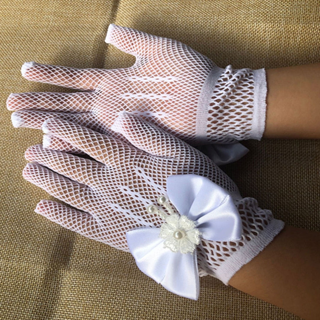 1 Pair Wedding Flower Girl Gloves Romantic See-through Hollow Out Big Bow-knot Fishnet Wedding Image 9