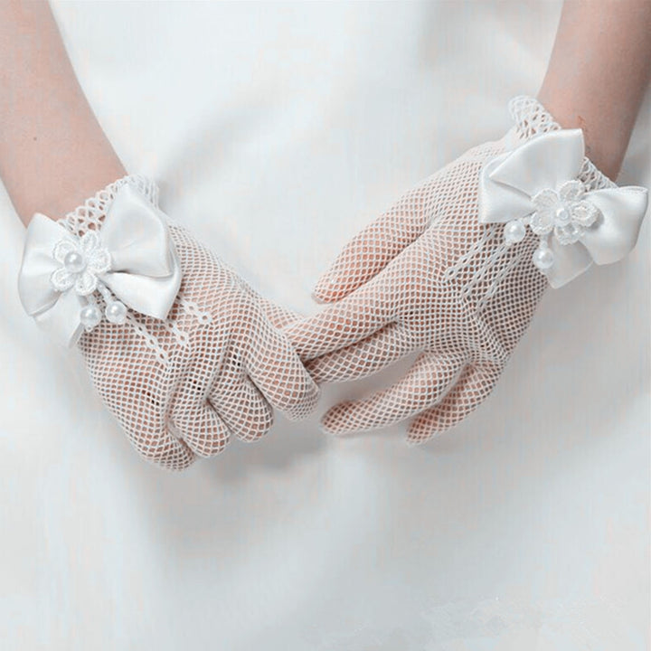 1 Pair Wedding Flower Girl Gloves Romantic See-through Hollow Out Big Bow-knot Fishnet Wedding Image 11