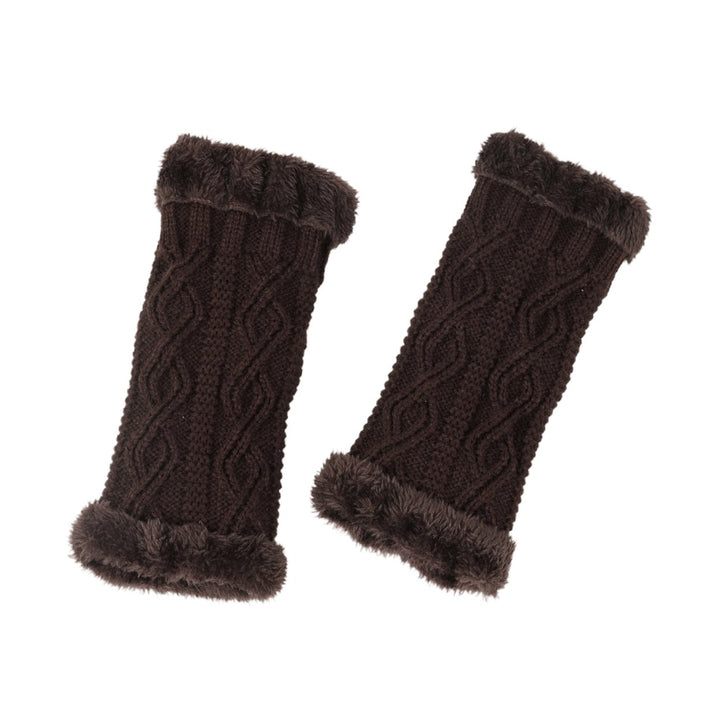 1 Pair Thumbhole Design Thickened Fleece Lining Knitted Gloves Women Winter Solid Rhombus Texture Fingerless Mittens Image 1