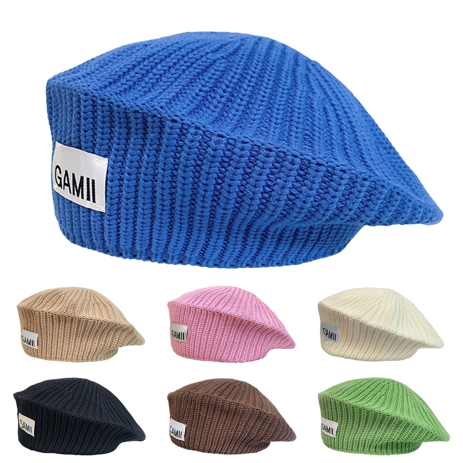 Women Winter Beanie Stripe Texture Knitting Solid Color No Brim Elastic Decorative Regular Fit Solid Color Artist Beret Image 1