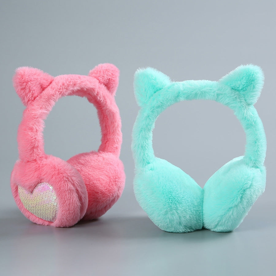 Cartoon Ear Decor Sequin Heart Stitch Candy Color Women Earmuffs Winter Soft Thickened Plush Headband Ear Warmer Image 1