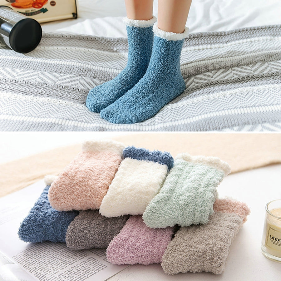 1 Pair Women Socks Soft Texture Coral Fleece Stretchy Ankle Length Anti-skid Cold Resistant Thick Winter Warm Fluffy Image 1