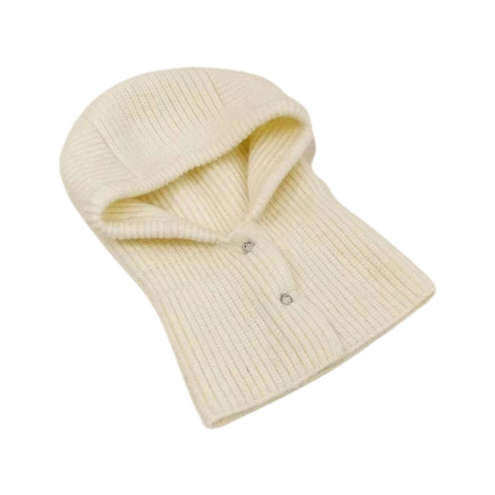 Women Balaclava Scarf One Piece Solid Color Button Placket Knitted Thicken Keep Warm Elastic Casual Outdoor Hat Scarf Image 3