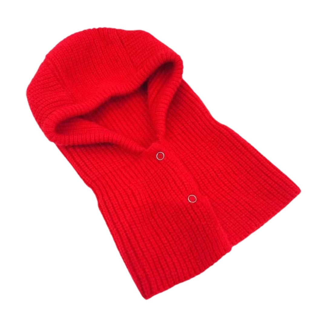 Women Balaclava Scarf One Piece Solid Color Button Placket Knitted Thicken Keep Warm Elastic Casual Outdoor Hat Scarf Image 4