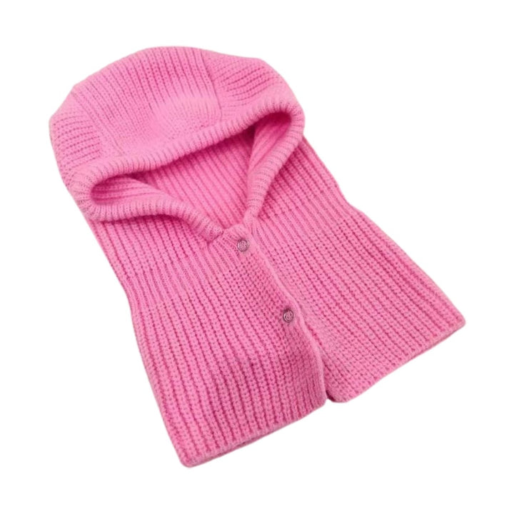 Women Balaclava Scarf One Piece Solid Color Button Placket Knitted Thicken Keep Warm Elastic Casual Outdoor Hat Scarf Image 7