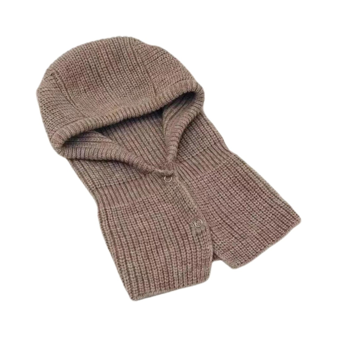 Women Balaclava Scarf One Piece Solid Color Button Placket Knitted Thicken Keep Warm Elastic Casual Outdoor Hat Scarf Image 9